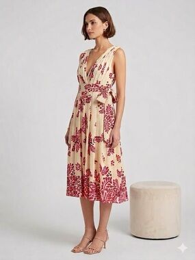 Temperley London Silk Cream Midi Dress with Pink Floral Motif